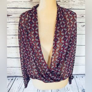 Women’s Small Blouse Sophie Rue Wrap Look Sheer High Low Long Sleeves Silky